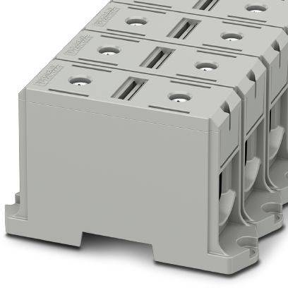 Zweireihiger grauer Klemmenblock für elektrotechnische Verbindungen, mit mehreren Anschlüssen in symmetrischer Anordnung.
