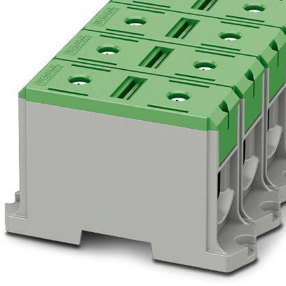 Ein grüner Steckverbinderblock mit acht Anschlussplätzen auf einem grauen Gehäuse, geeignet für industrielle Elektroverbindungen.