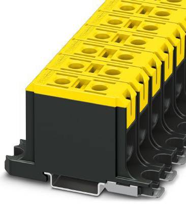 Eine Reihe von gelb-schwarzen elektrischen Anschlussklemmen, geeignet zur sicheren Verdrahtung von Leitungen in elektrischen Installationen.