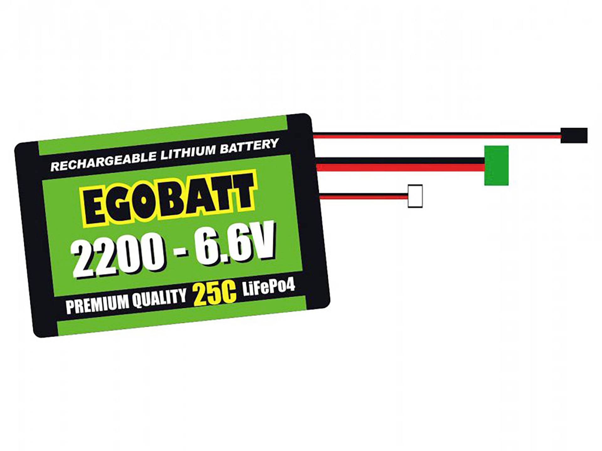 Bild einer wiederaufladbaren Lithium-Batterie mit der Aufschrift 'EGOBATT 2200 - 6.6V', 25C LiFePo4, illustriert Anschlüsse.