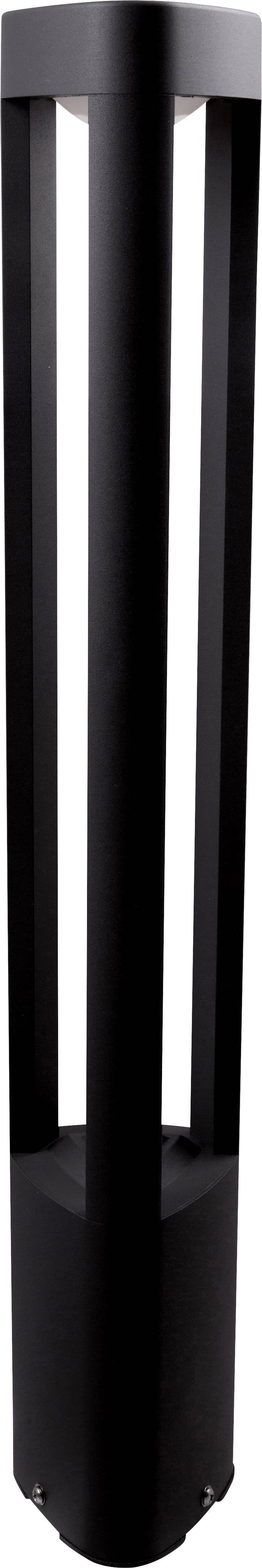 Schwarze, moderne Stehlampe mit schlankem, offenem Design und zylindrischer Form, geeignet für Innen- und Außenbereiche.