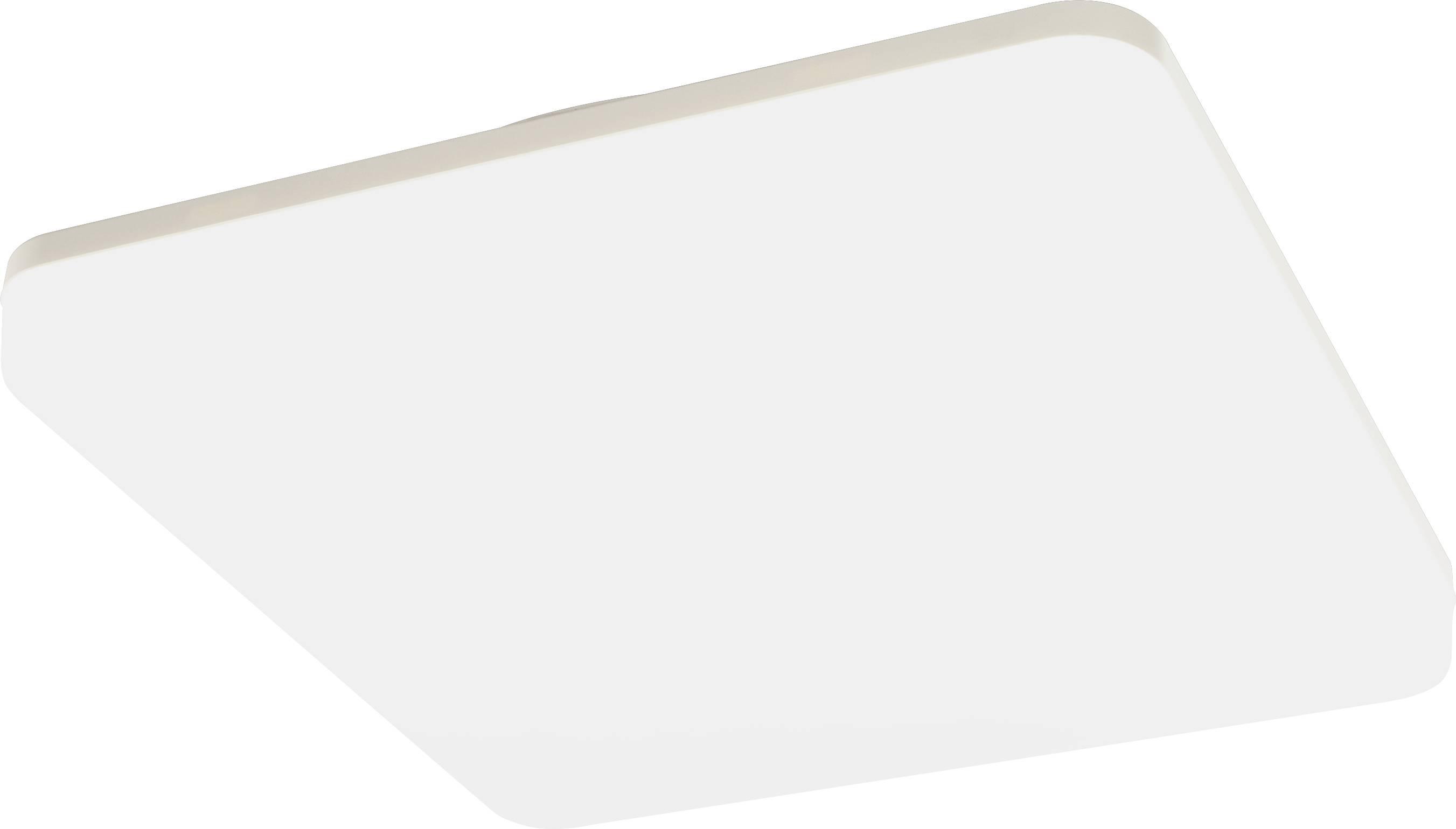 Weiße, quadratische Deckenleuchte mit abgerundeten Ecken vor einem neutralen Hintergrund.