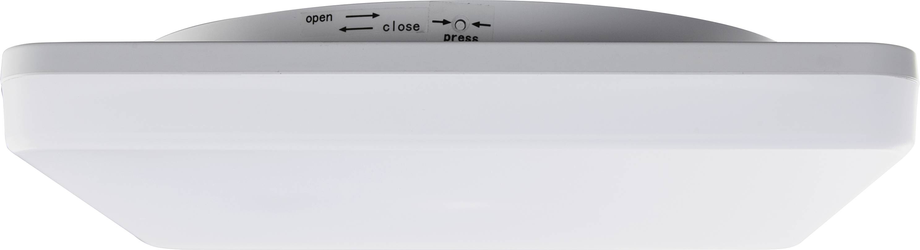 Weiße, rechteckige Deckenlampe mit abgerundeten Kanten. Text oben zeigt Pfeile mit den Wörtern 'open', 'close' und 'press'.