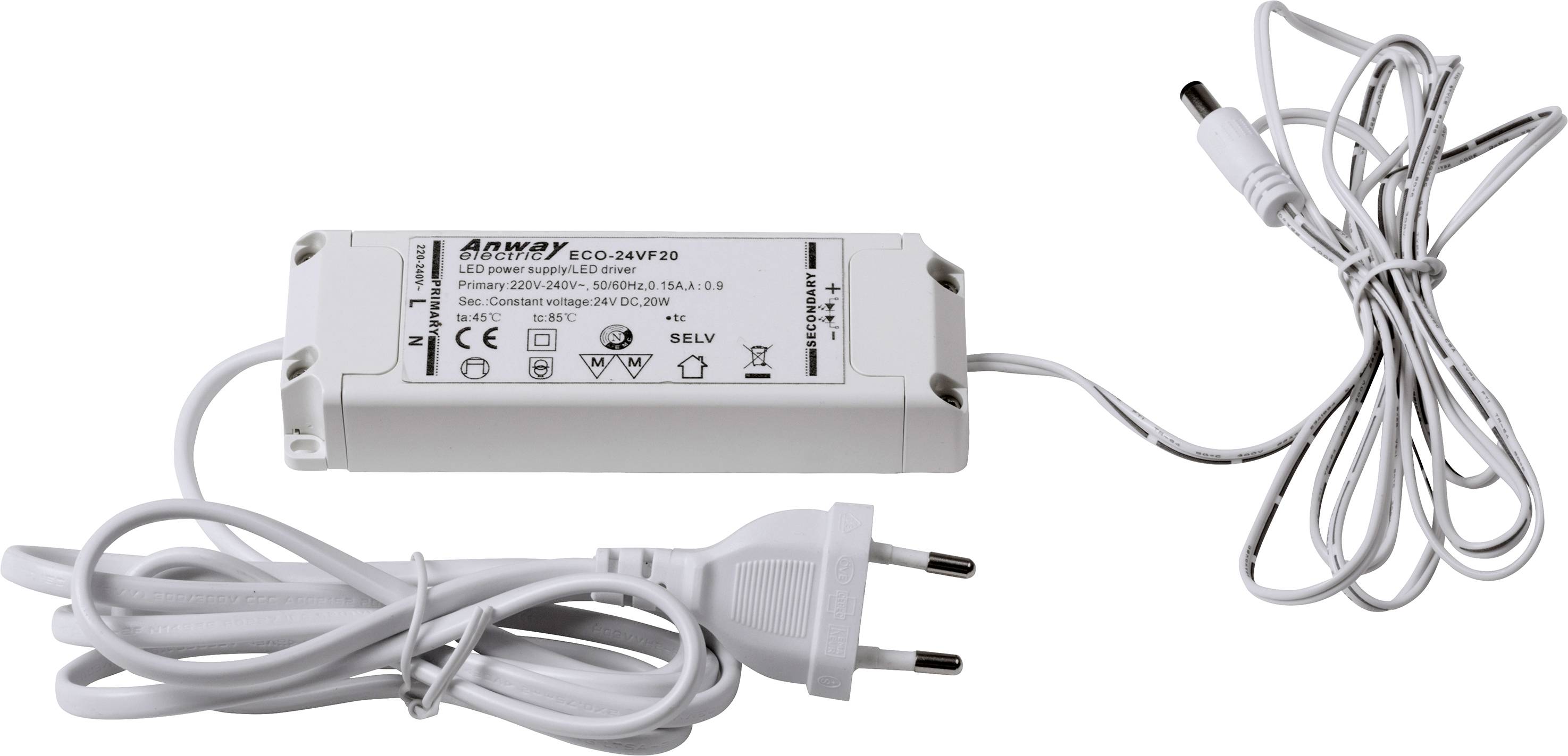 Weißes LED-Netzteil mit EU-Stecker und technischen Spezifikationen. Kabel verbunden mit einem kleinen rechteckigen Gehäuse.