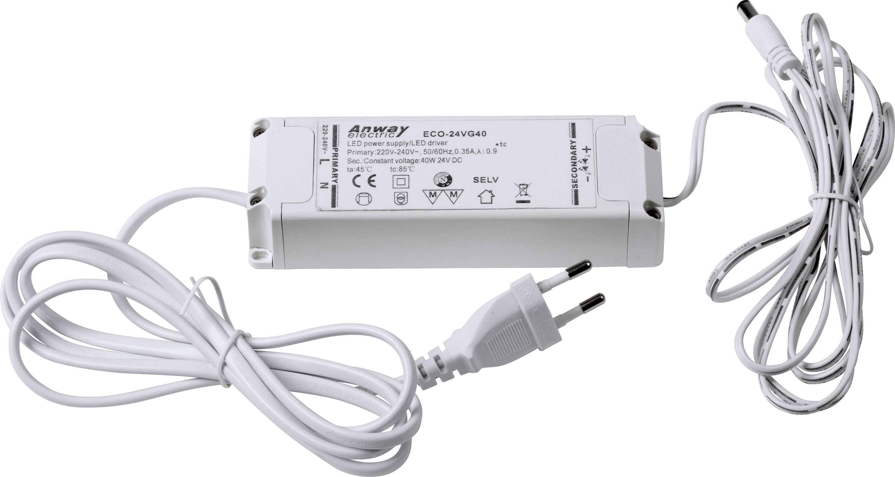 Ein Netzteil mit zwei weißen Kabeln. Eines endet in einem europäischen Stecker, das andere in einem koaxialen Stecker. Markierungen und Symbole sind aufgedruckt.