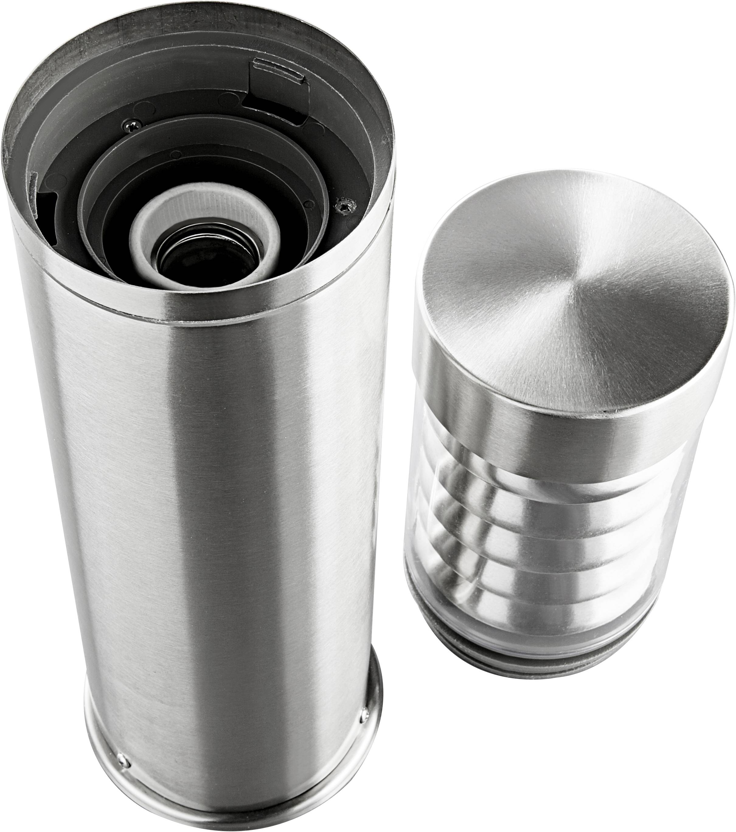 Zwei silberne Edelstahlzylinder, einer geschlossen und der andere offen, zeigen ein inneres Mechanismusdesign.