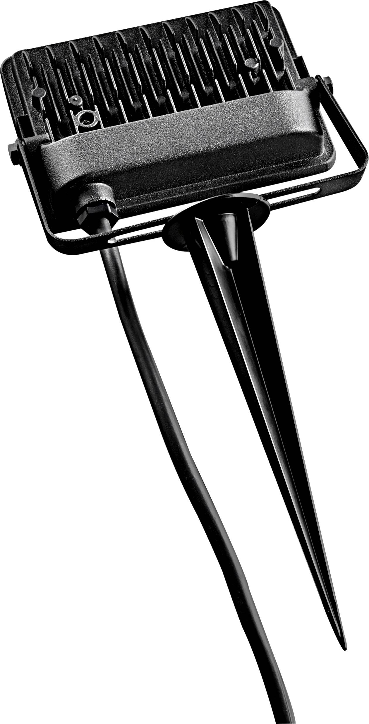 Outdoor-LED-Leuchte mit Erdspieß, schwarzes Gehäuse, Kabelanschluss. Ideal zur Beleuchtung von Gärten oder Wegen.