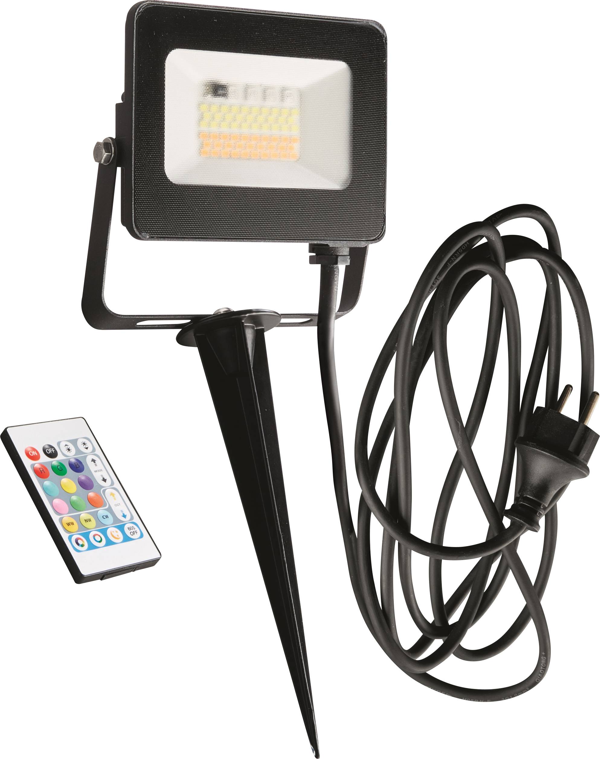 LED-Strahler auf Erdspieß mit Fernbedienung und langem Stromkabel. Ideal zur Außenbeleuchtung und zur Anpassung der Lichtfarbe.