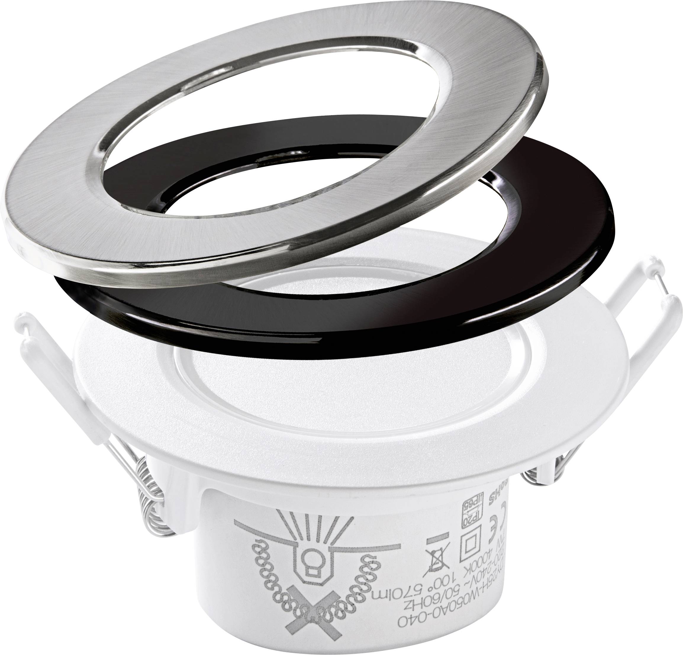 Einbaustrahler mit zwei austauschbaren Blenden, eine silberne und eine schwarze, die auf einem weißen Basisgehäuse montiert sind.