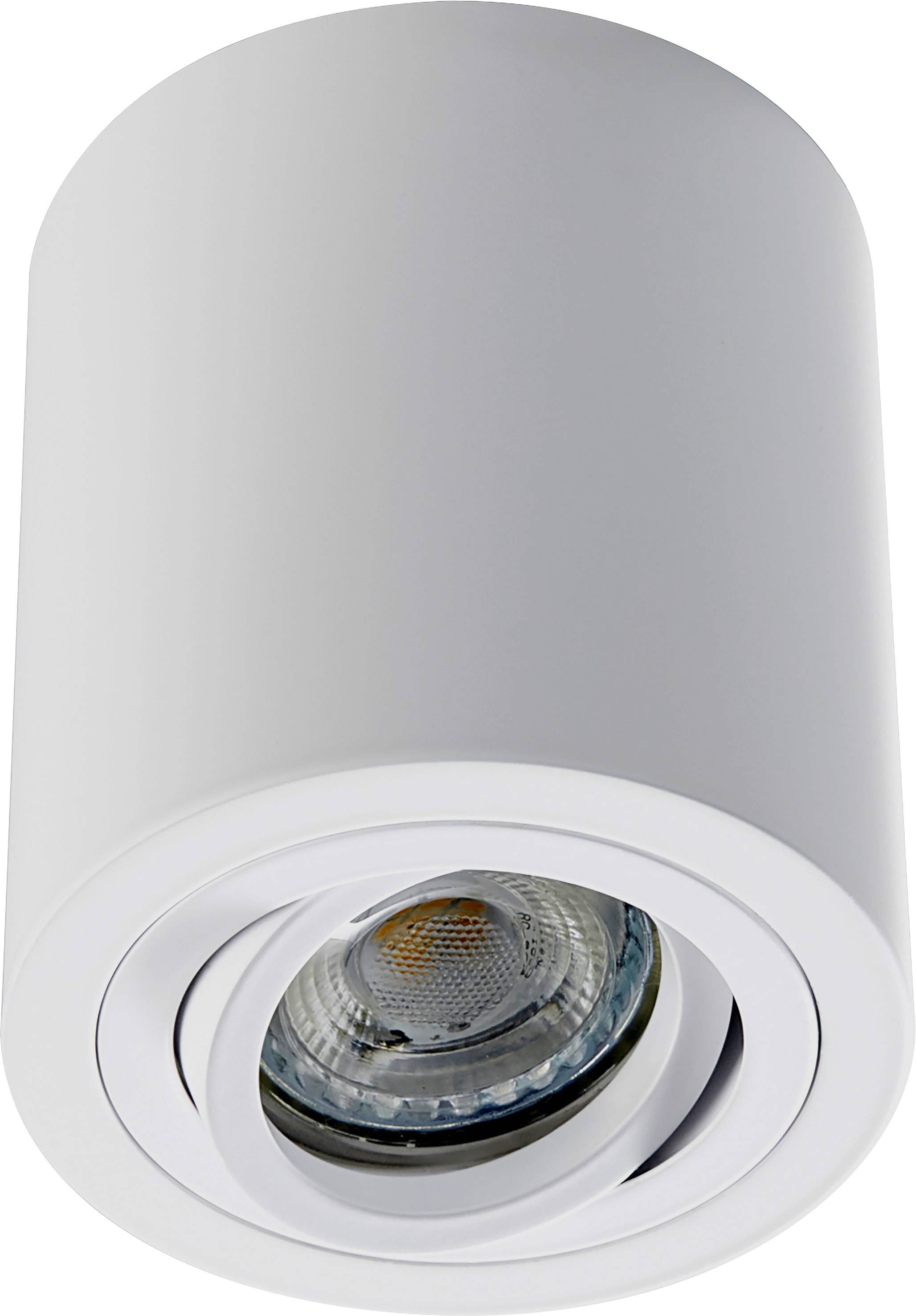 Zylindrische, weiße Deckenleuchte mit sichtbarem, drehbarem LED-Leuchtmittel in der Mitte.