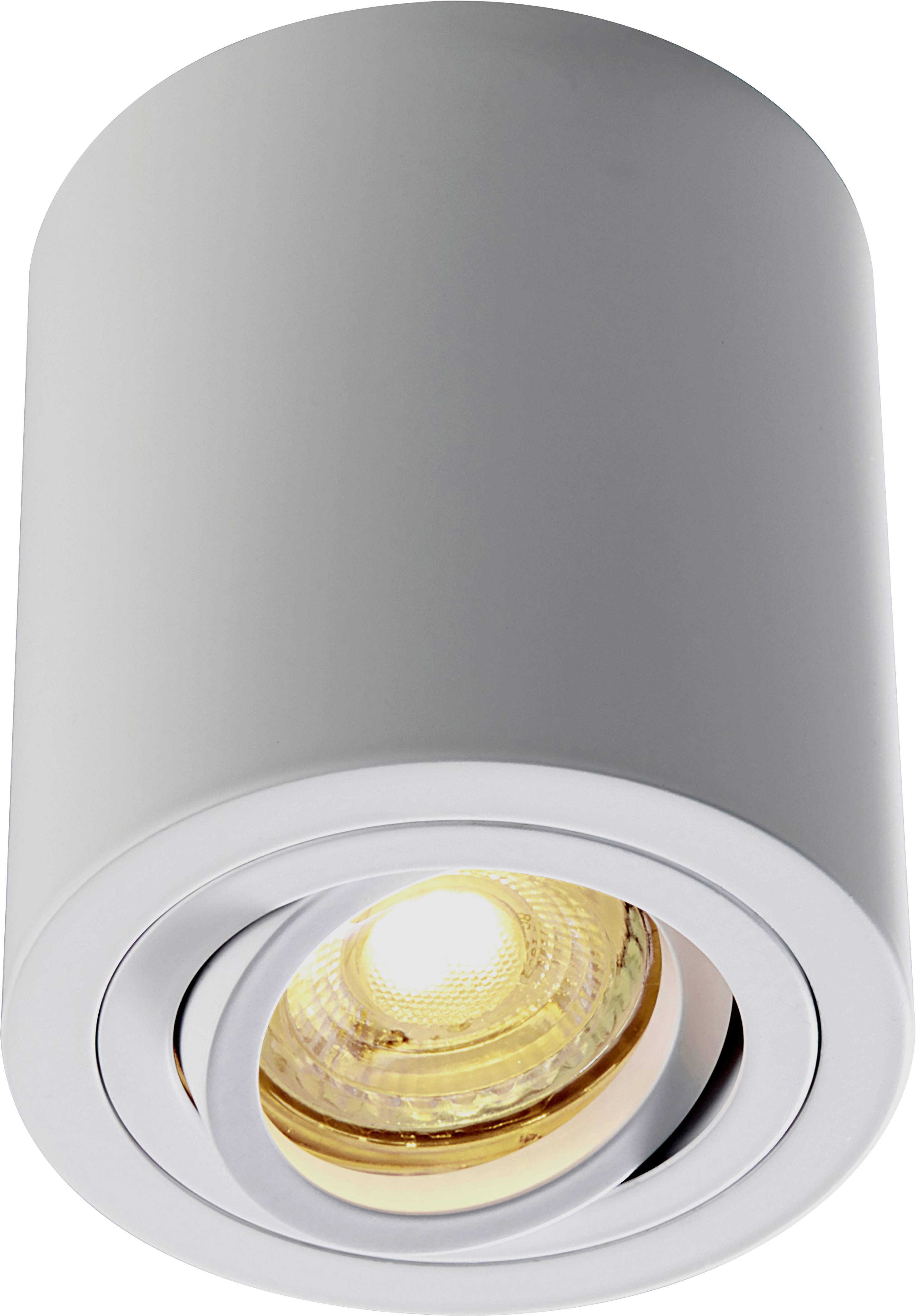 Zylinderförmige Deckenleuchte mit einem integrierten Spotlicht, das warmes gelbes Licht abstrahlt. Ideal für moderne Innenräume.