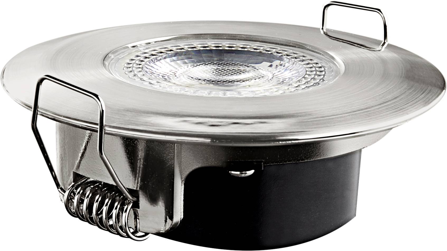 Ein silberner und schwarzer runder LED-Einbaustrahler mit glänzender Oberfläche und Halteklammern an den Seiten.