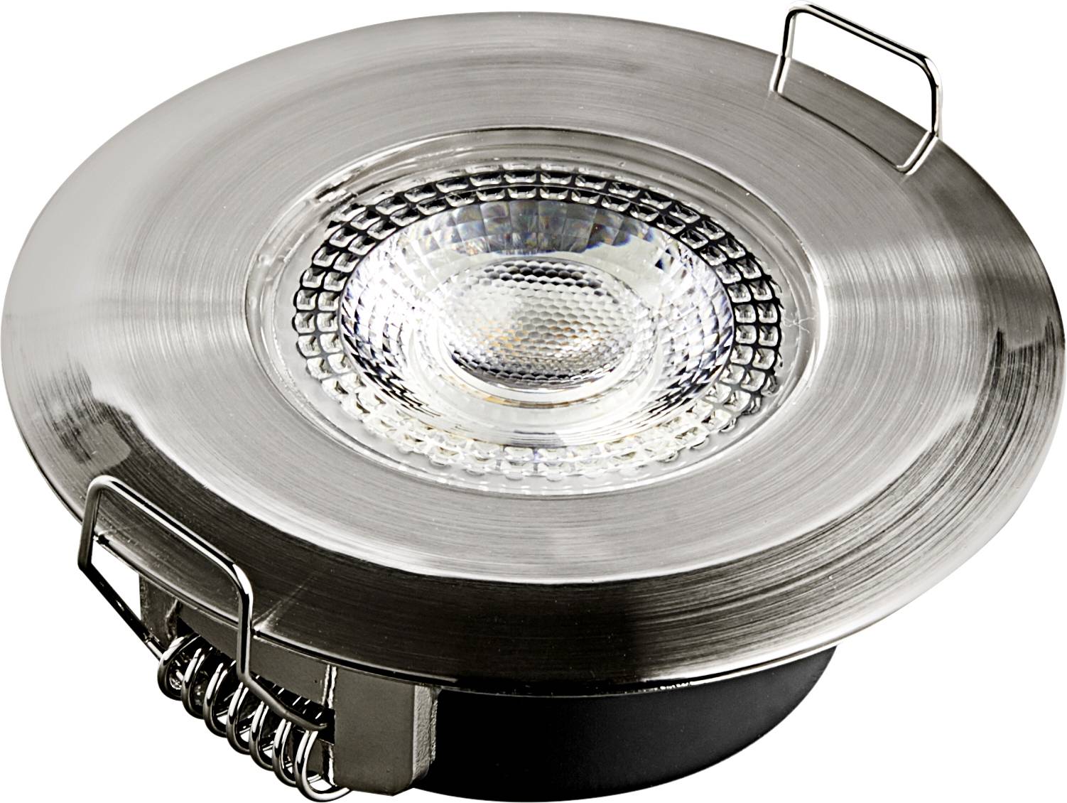 Runde LED-Einbauleuchte mit silbernem Metallrahmen und klarer Linse zentriert im Bild. Ideal für moderne Deckenbeleuchtungen.