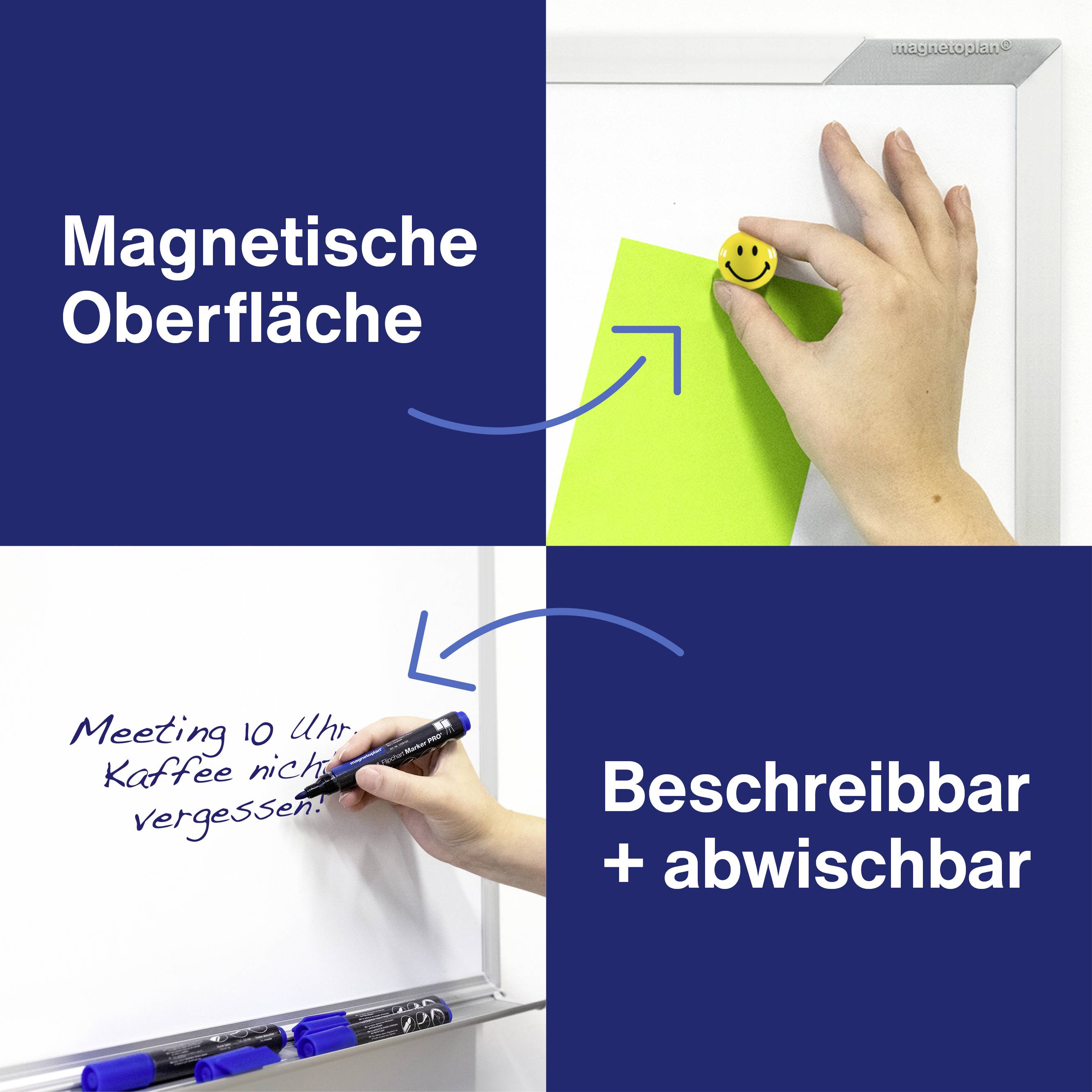 Hand schreibt auf weißem Board mit Text 