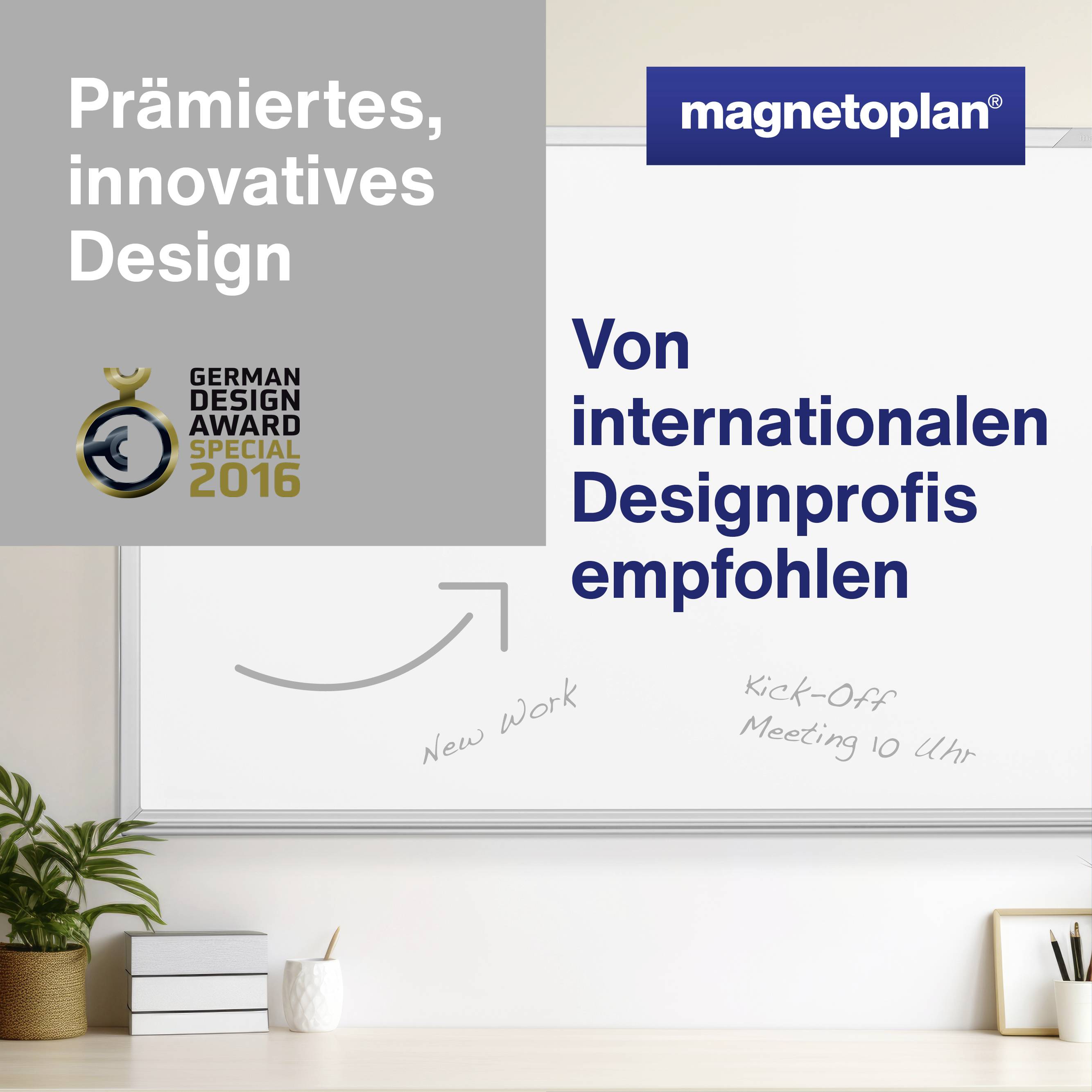 'Prämiertes, innovatives Design. Von internationalen Designprofis empfohlen.' Rechts ist eine weiße Tafel; Pflanzen davor.