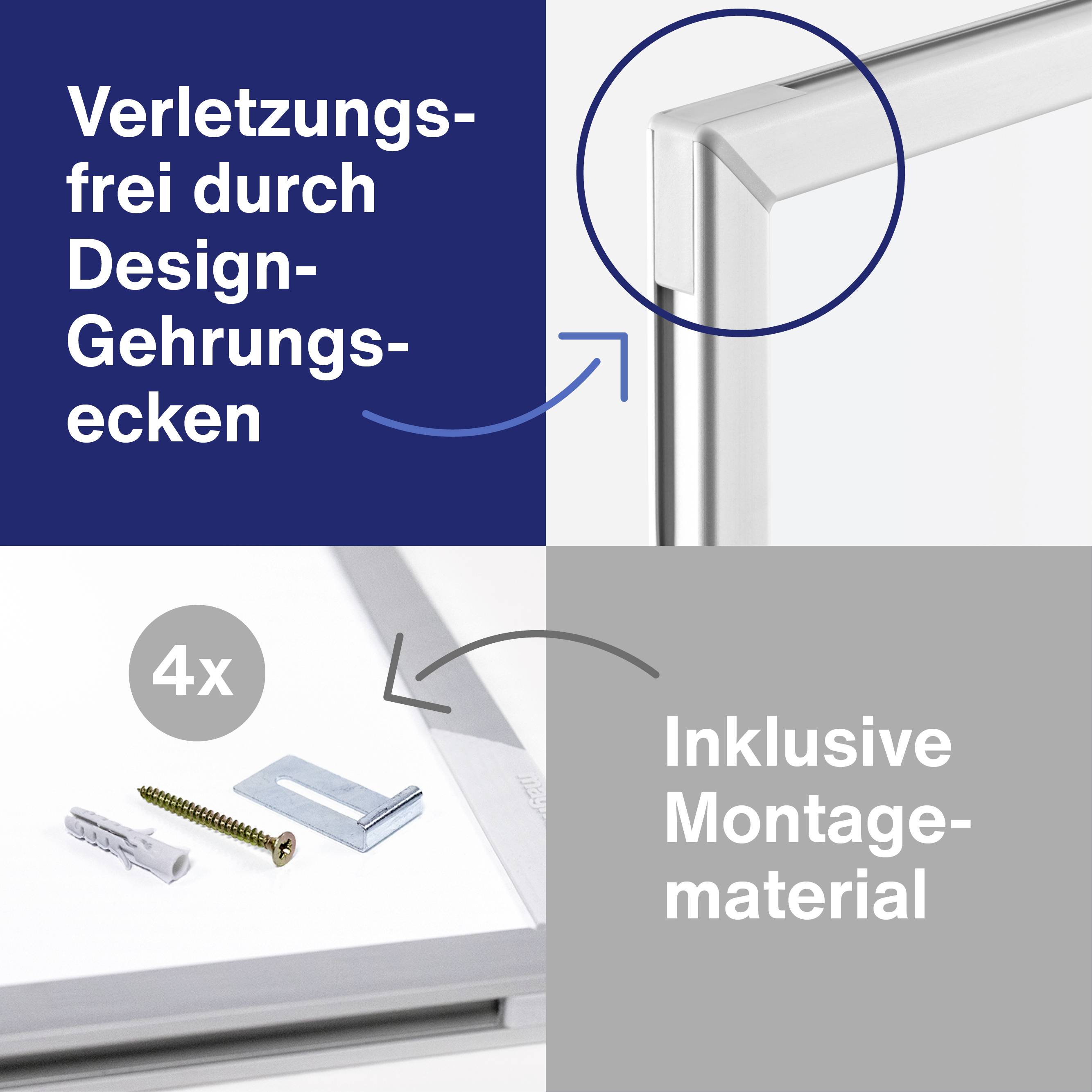 Rahmen mit Gehrungsecken, verhindert Verletzungen. Inklusive Montagematerial, abgebildet: Schraube, Dübel, Metallteil.