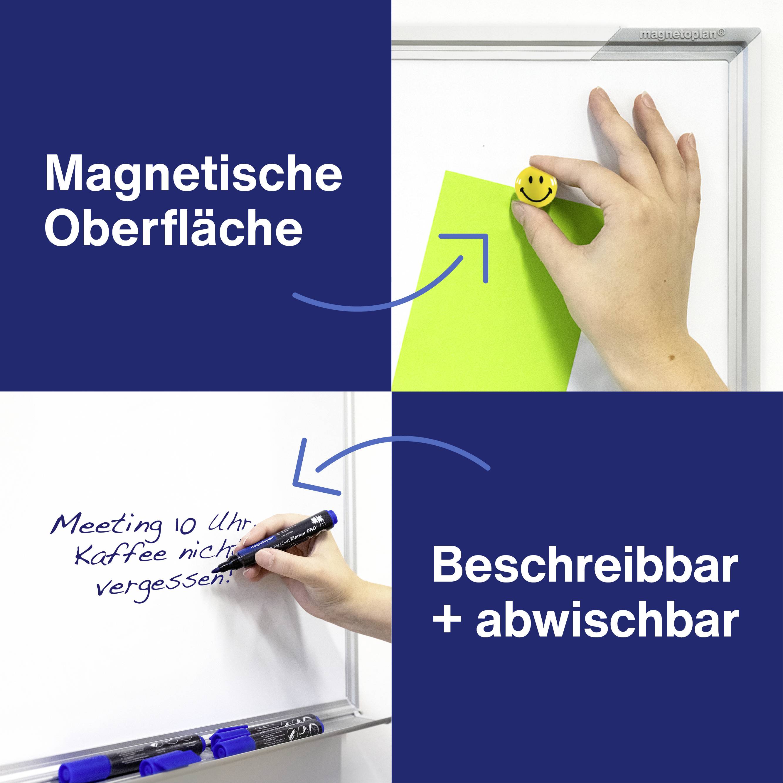 'Magnetische Oberfläche', eine Hand heftet ein grünes Blatt mit einem Magneten an; 'Beschreibbar + abwischbar', eine Hand schreibt mit einem Stift auf ein Whiteboard.