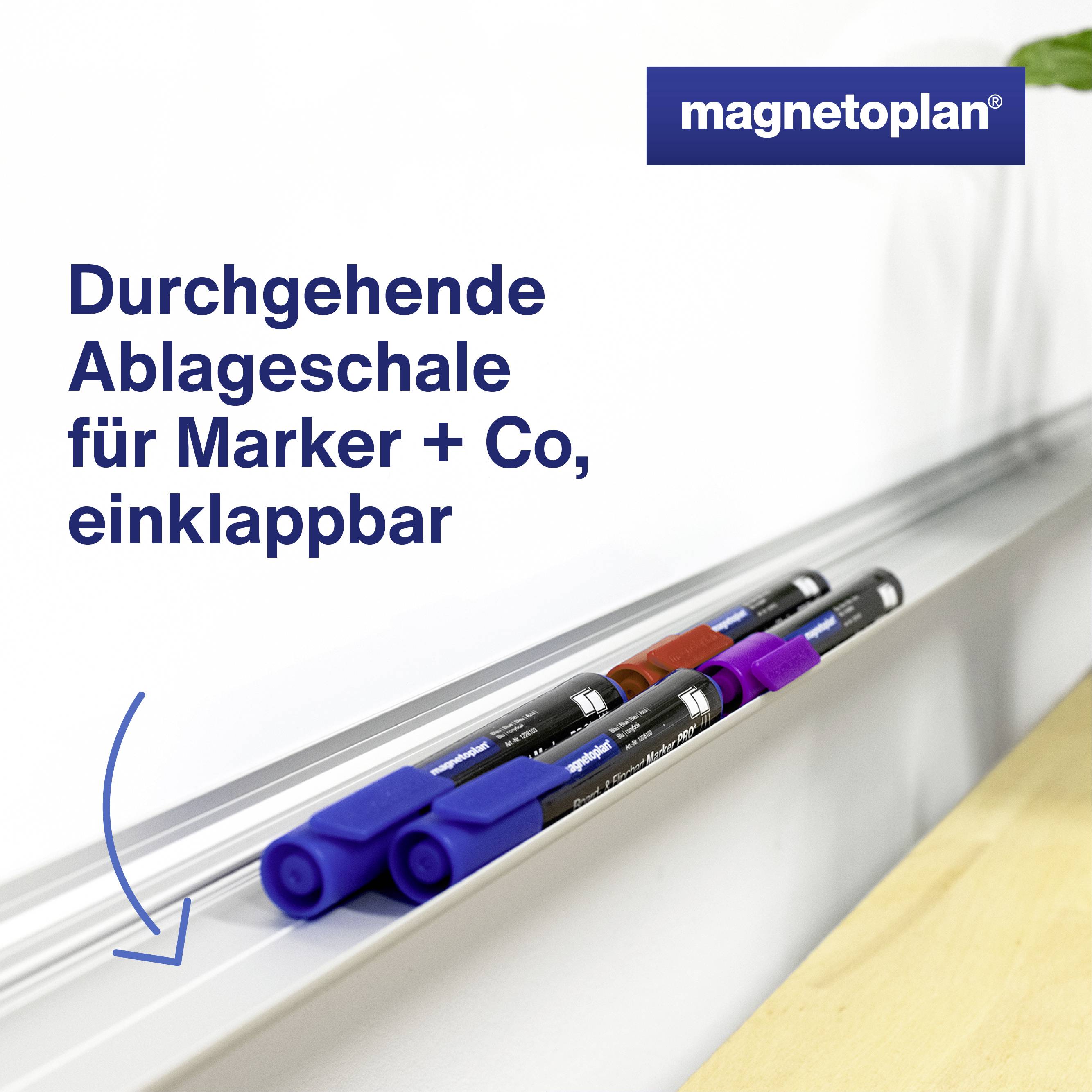 'Magnetoplan'-Logo oben rechts. Text: 'Durchgehende Ablageschale für Marker + Co, einklappbar'. Bild zeigt farbige Marker in Schale.