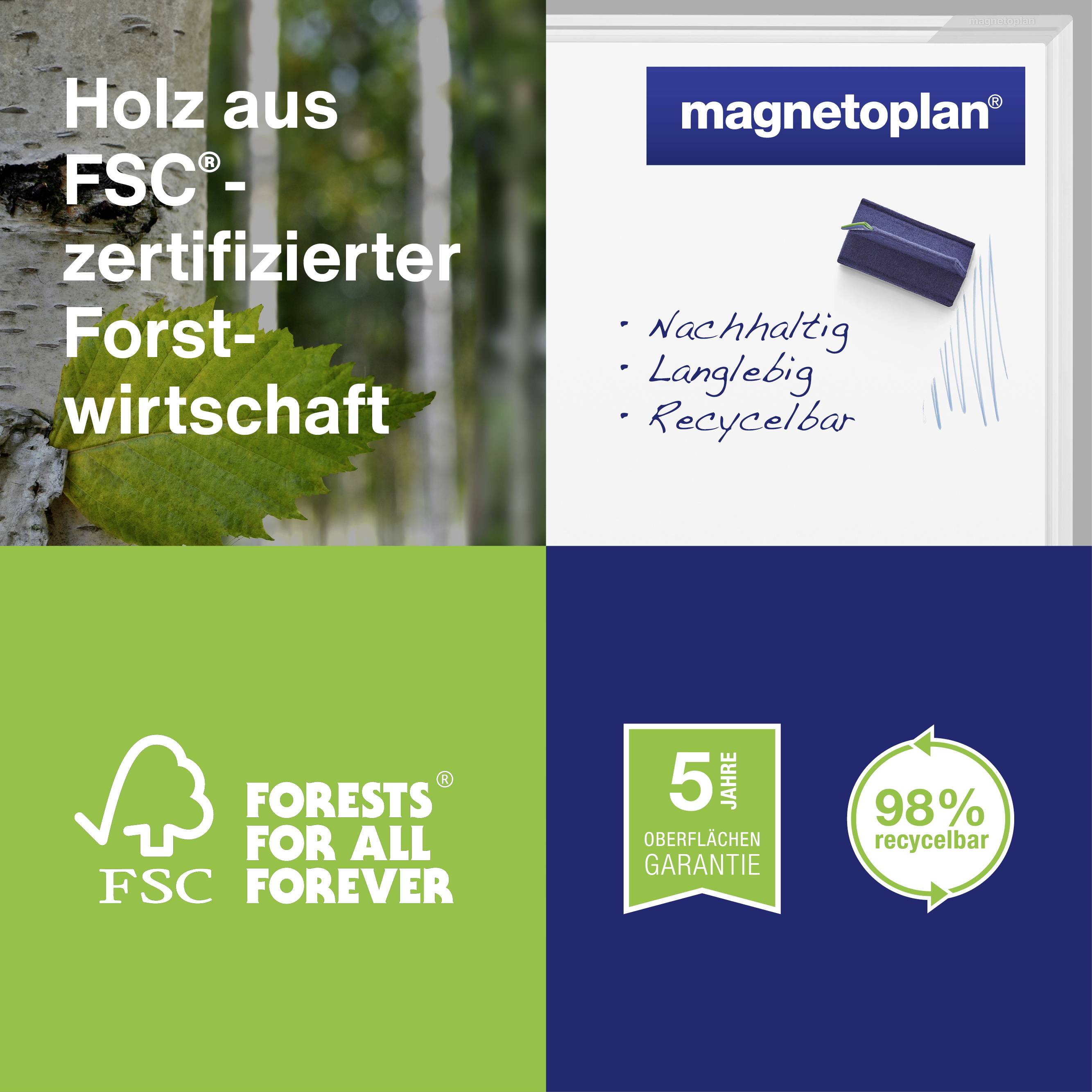 'Holz aus FSC-zertifizierter Forstwirtschaft', mit Symbolen für Nachhaltigkeit und Recycling von 'magnetoplan'. 5 Jahre Garantiesiegel.
