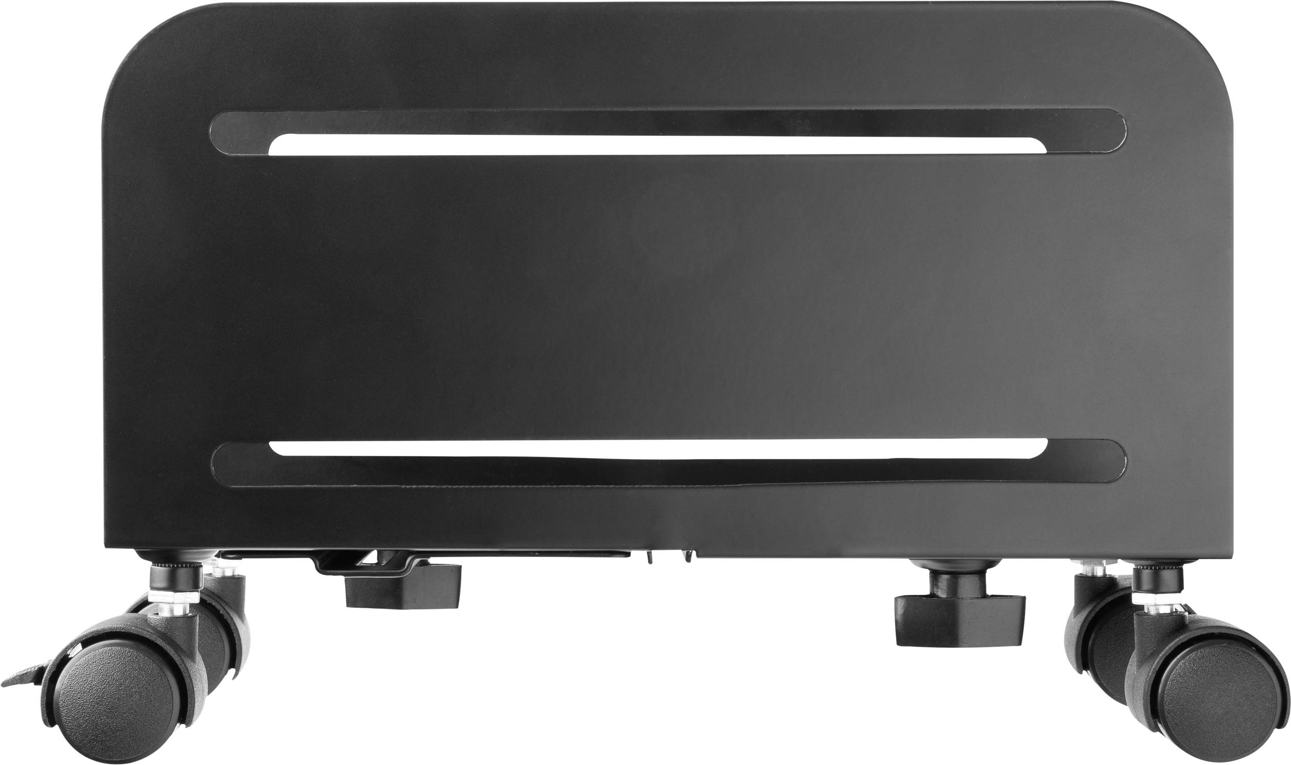Schwarzer Computerhalter mit Rollen, ermöglicht einfache Mobilität und flexibles Positionieren von Computern auf dem Boden.