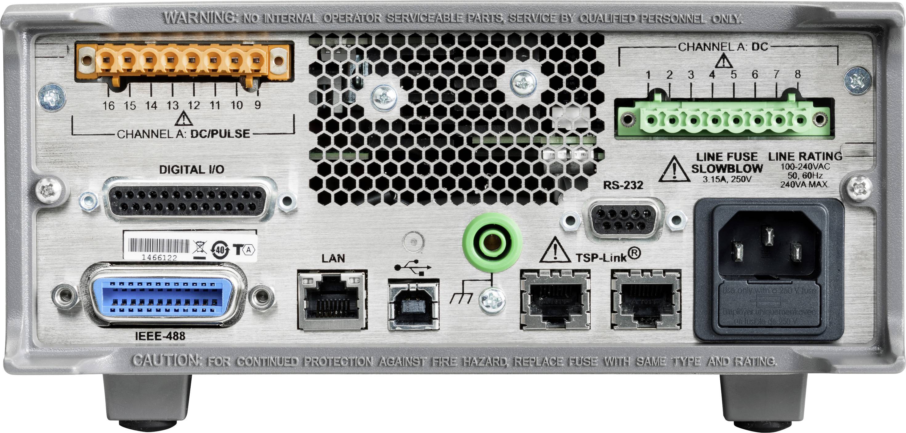 Rückseite eines elektronischen Geräts mit verschiedenen Anschlüssen, darunter LAN, RS-232, und Netzanschluss. Warnhinweise oben.