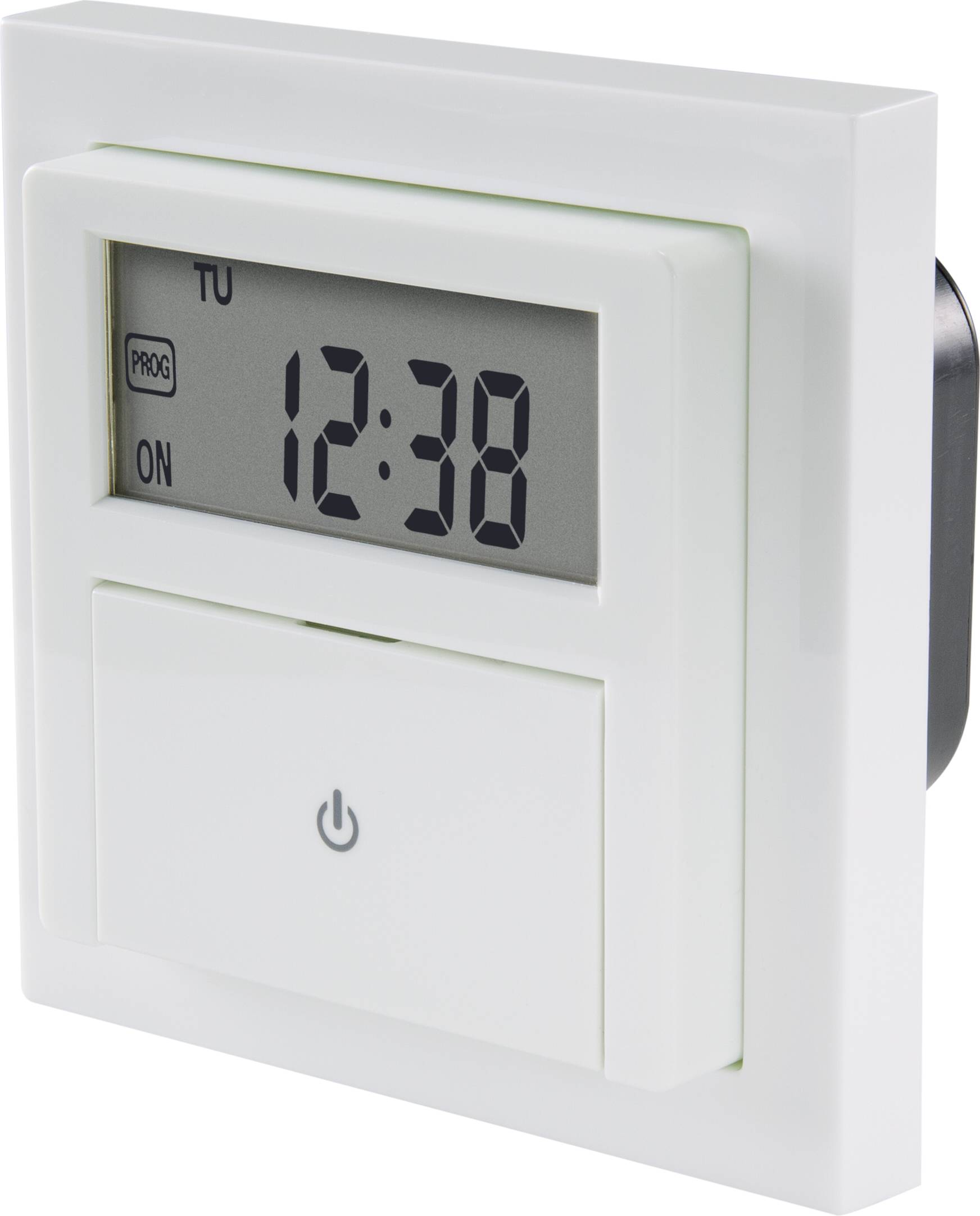 Digitaler Wandschalter mit Display zeigt '12:38' an.