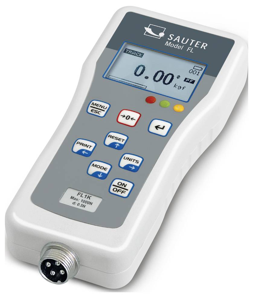 Digitales Sauter FL Kraftmessgerät mit Display zeigt '0.00 kgf'. Tasten: Menü, Reset, Modi, Power. Eingang für Kabelverbindung unten.