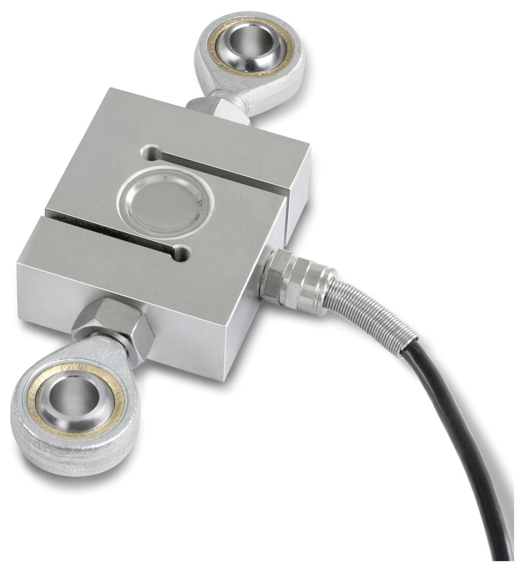 Metallsensor mit zwei kreisförmigen Anschlüssen und einem angeschlossenen Kabel auf weißem Hintergrund, typisches Design eines Kraftsensors.