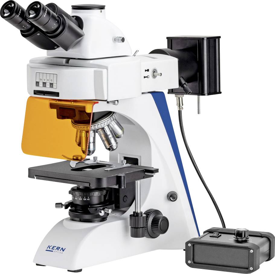 Ein weißes Mikroskop mit schwarzer Optik und orangem Filter, geeignet für wissenschaftliche Untersuchungen im Labor.