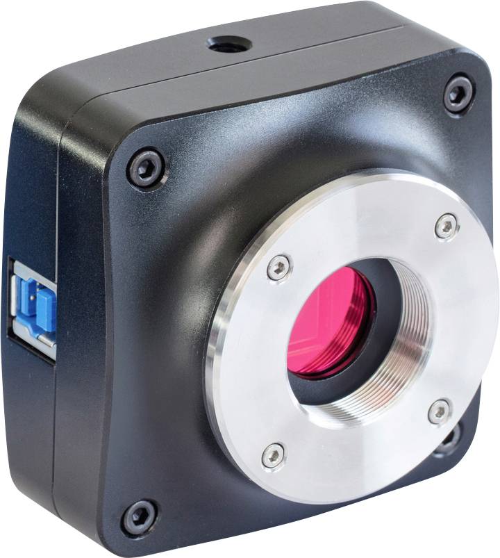 Eine quadratische, schwarze Kamera mit einer Linse in der Mitte und einem blauen USB-Anschluss an der Seite.