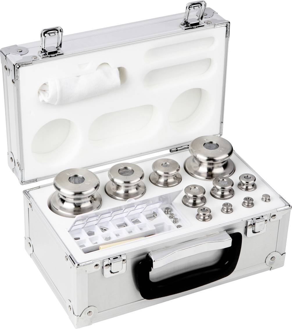 Metallische Gewichte in einem offenen Koffer, verschiedene Größen, gut organisiert in Schaumstoffeinlage. Koffergriff unten.