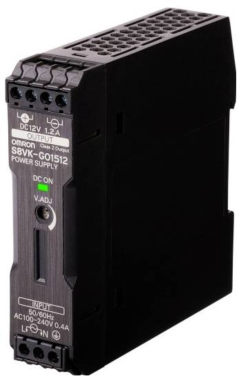 Schwarzes Schaltnetzteil mit der Aufschrift 'OMRON S8VK-G0512', zeigt Eingangs- und Ausgangsspannungsparameter, frontale LED-Anzeige.