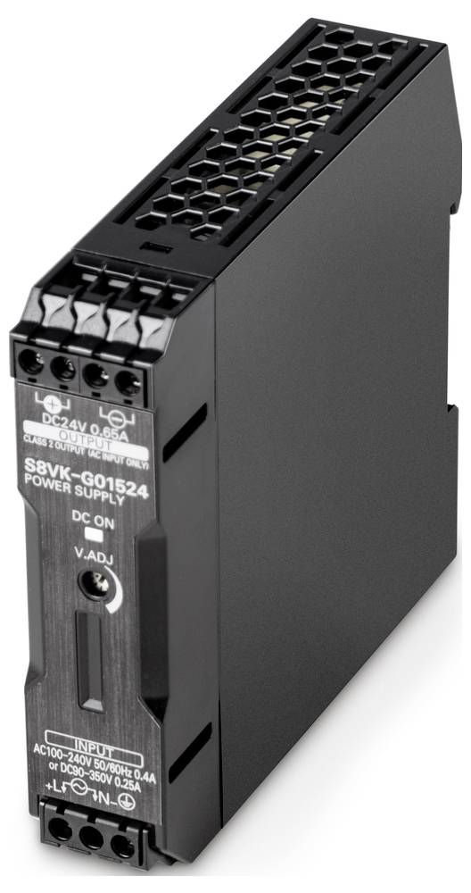 Stromversorgungseinheit in schwarzem Gehäuse mit Modellnummer 'S8VK-G01524'; zeigt Schalter 'DC ON' und Eingang/Ausgangsspezifikationen.