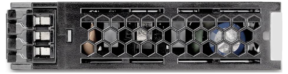 Vorderansicht eines Computer-Festplatteneinschubs mit Wabenmuster und sichtbaren internen Komponenten.