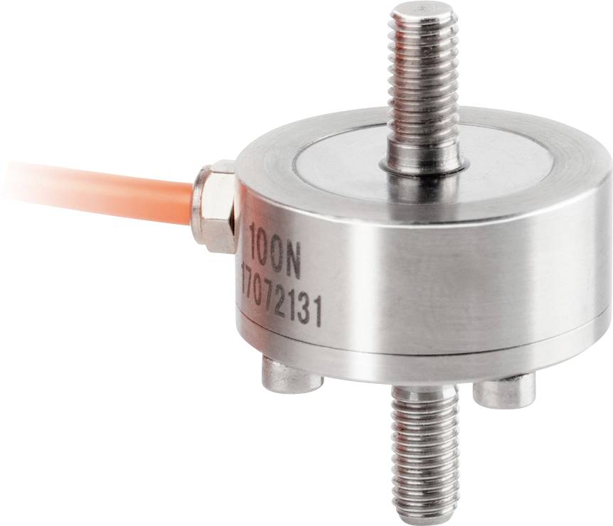 Ein zylindrischer Kraftsensor aus Metall mit Schraubgewinden oben und unten, einem Aufdruck '100N', und einem angeschlossenen roten Kabel.