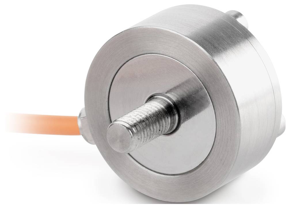 Ein zylindrischer Metallencoder mit einer zentralen Gewindestange und einem orangefarbenen Kabel, das seitlich herausragt.