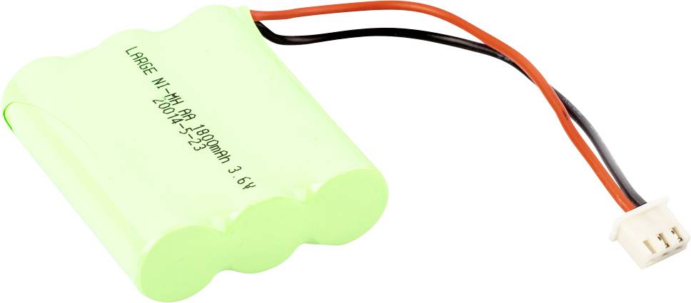 Grüner Ni-MH-Akku mit Kabeln und Stecker, Text auf Akku lautet 'Ni-MH 3.6V 1800mAh'.