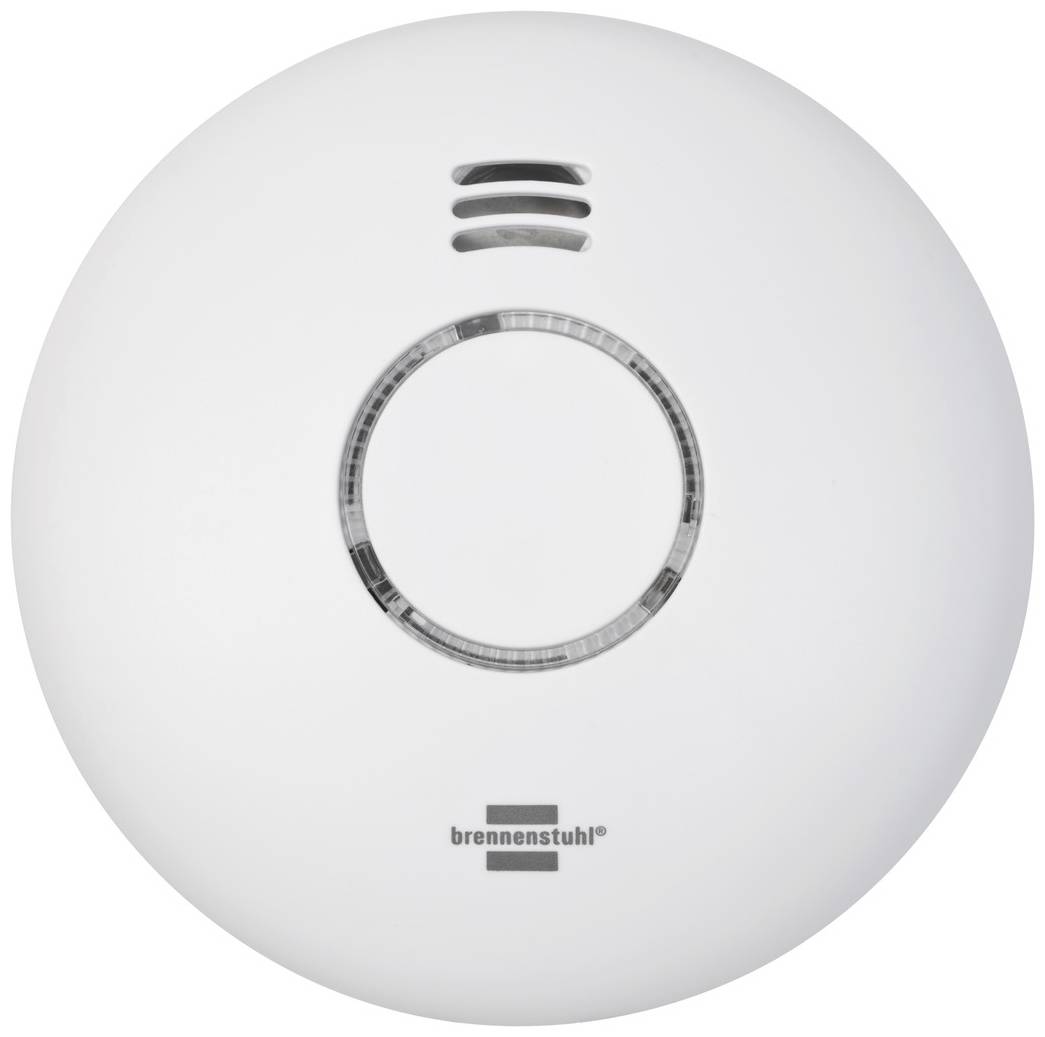 Ein runder Rauchmelder mit einem zentralen Knopf und Lüftungsschlitzen oben. Unten befindet sich das Logo 'brennenstuhl'.