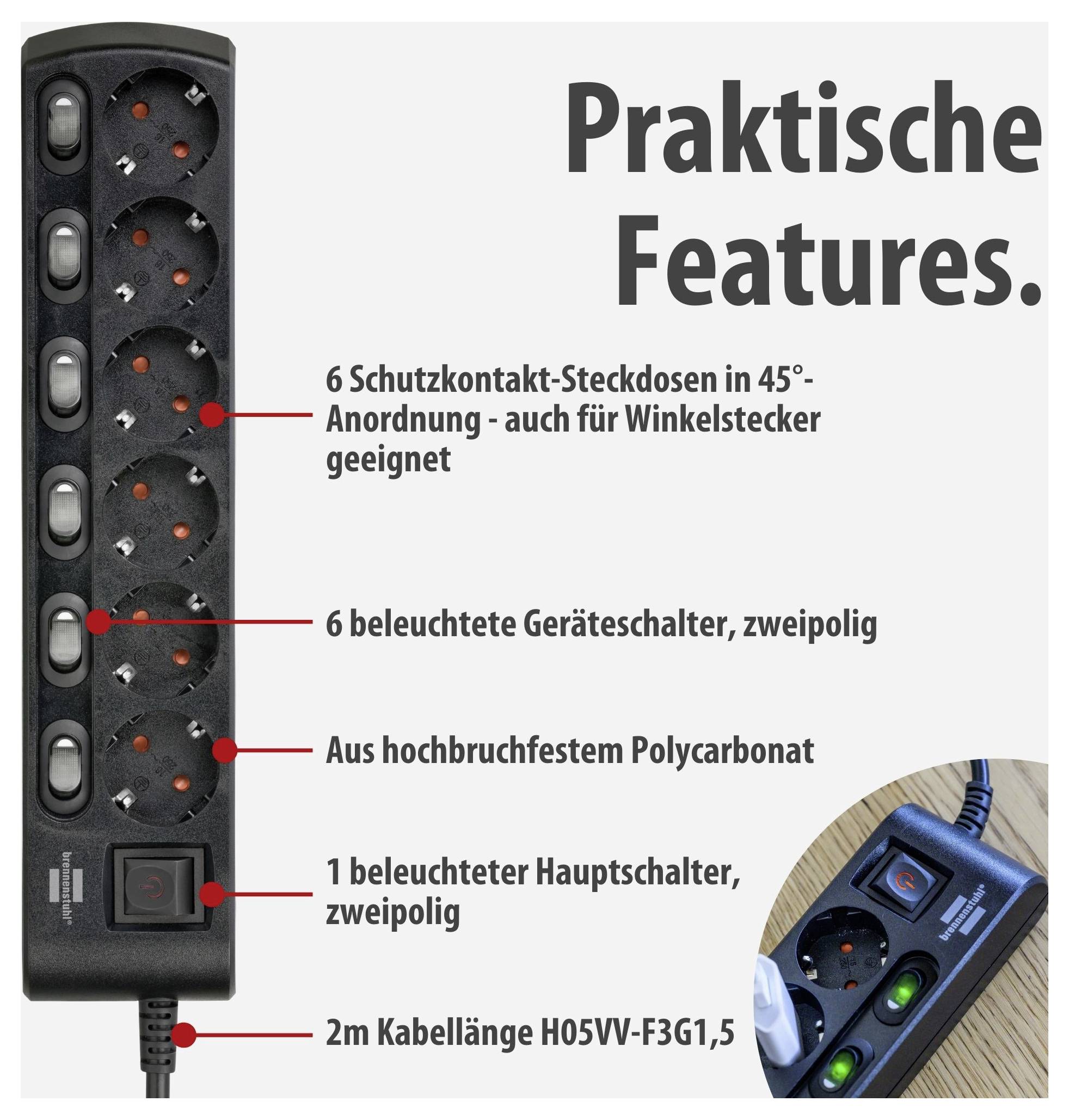 Mehrfachsteckdose mit 6 Schutzkontakt-Steckdosen, 6 beleuchteten Einzelschaltern und Hauptschalter; 2 m Kabel.