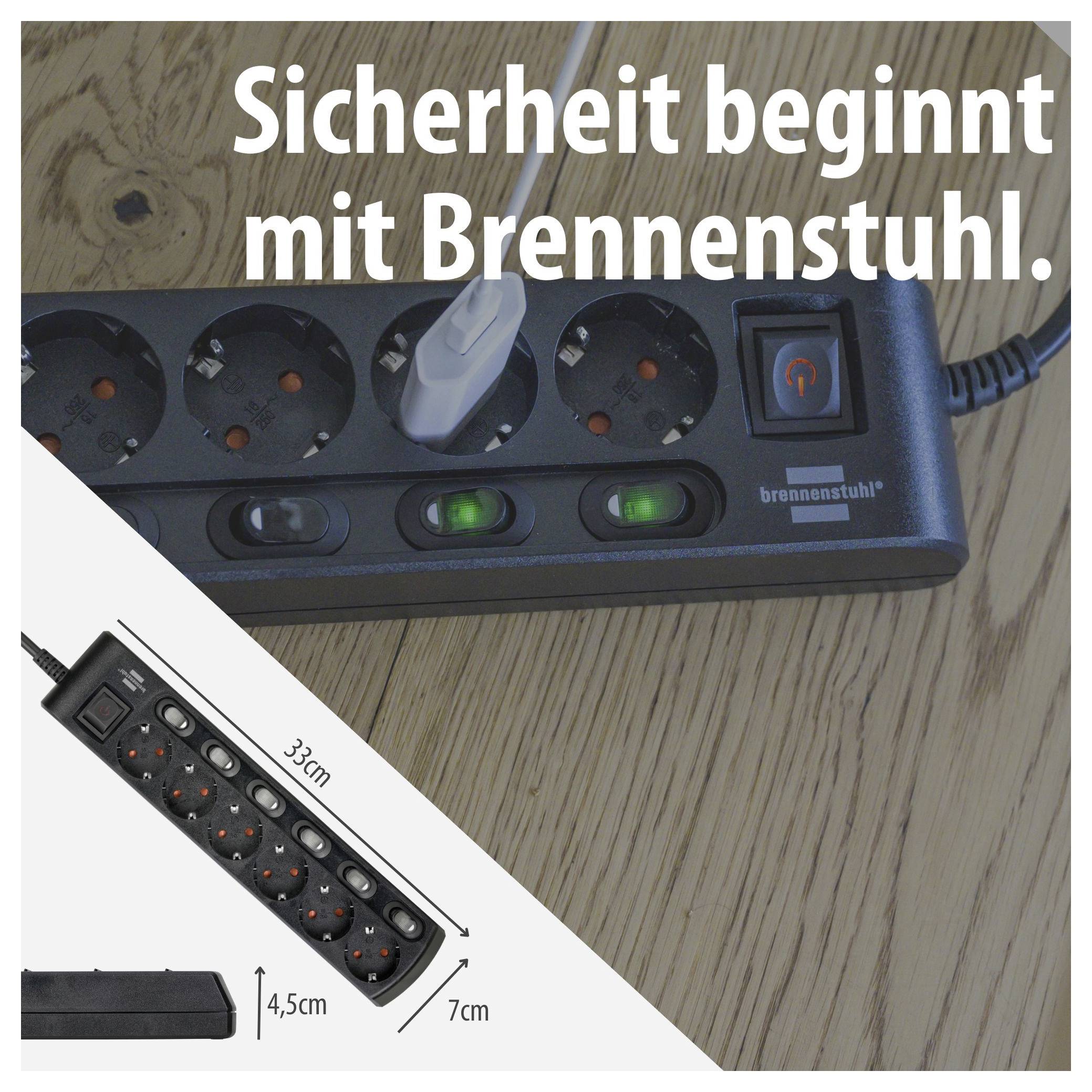 Werbegrafik für eine Brennenstuhl-Steckdosenleiste mit Schalter und Schutzfunktionen; Text: 'Sicherheit beginnt mit Brennenstuhl.'