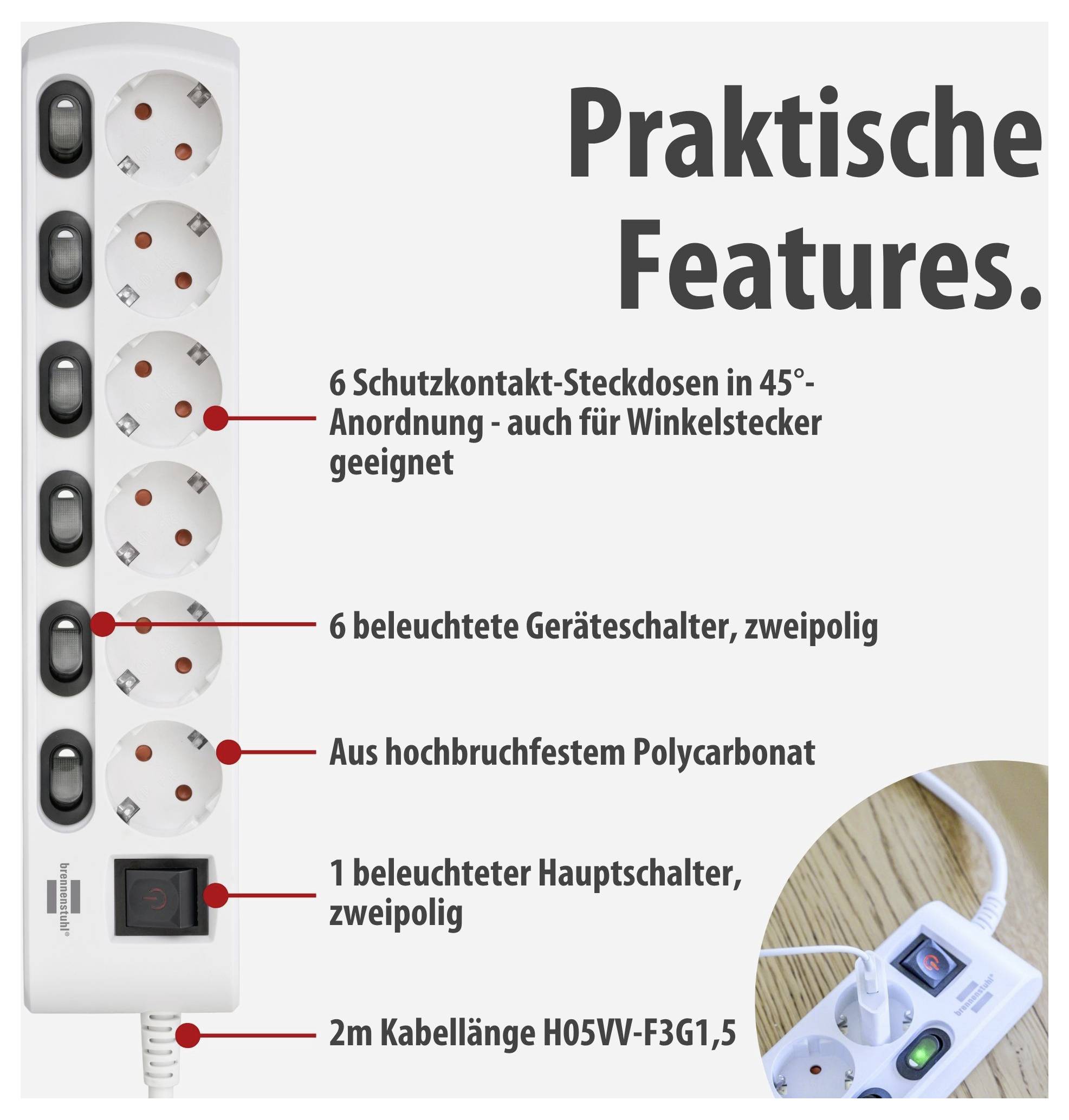 Steckdosenleiste mit 6 Schutzkontakt-Steckdosen, 6 beleuchteten Schaltern, Hauptschalter und 2 m Kabel; zeigt praktische Features.