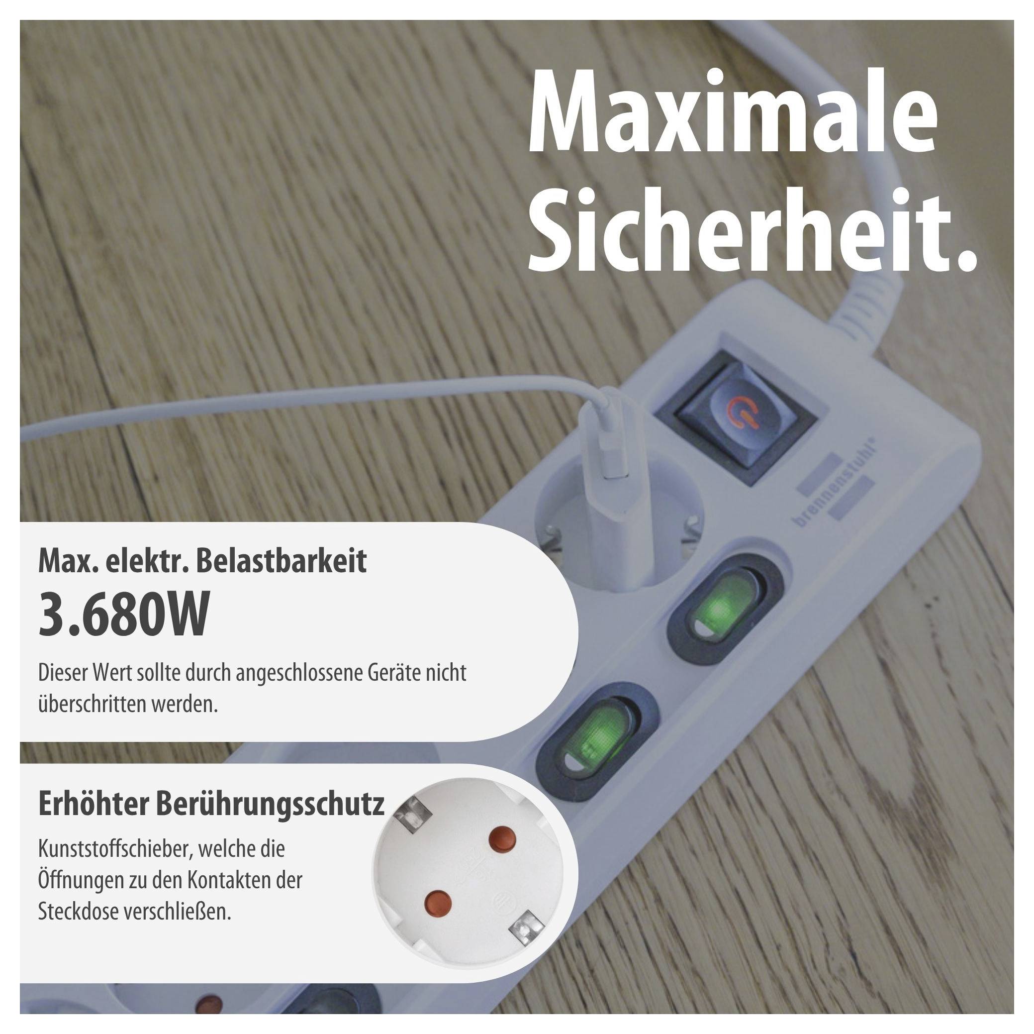 Steckdosenleiste auf Holzboden mit der Aufschrift 'Maximale Sicherheit'; Hinweis: max. elektrische Belastbarkeit 3.680 W und erhöhter Berührungsschutz.