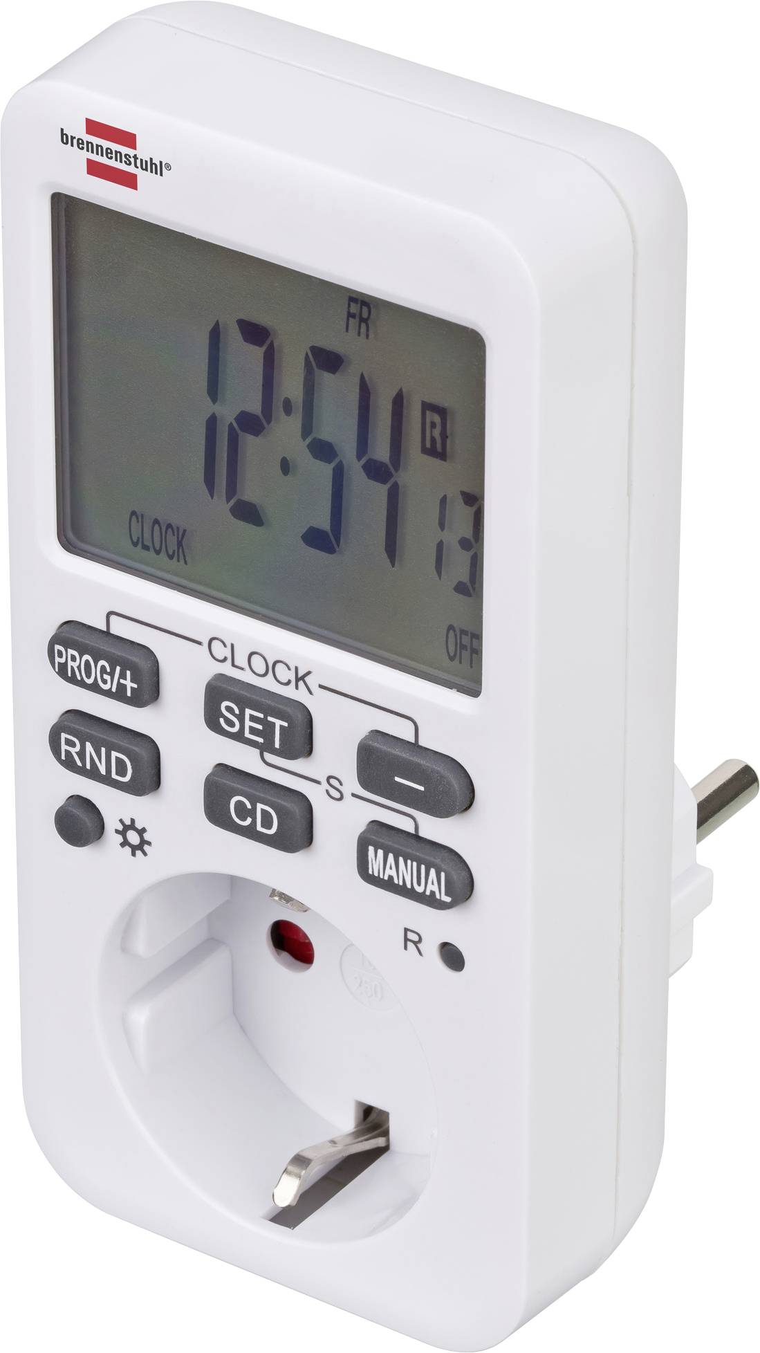 Digitaler Stecker-Timer mit LCD-Anzeige 12:54, Uhrensteuerungen und geerdetem Steckdosensockel.