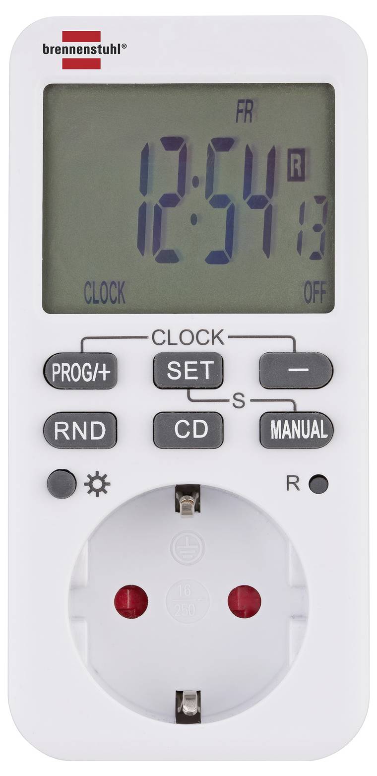 Digitales Steckdosen-Timer mit LCD-Display zeigt 12:54, und Tasten für Uhr, Einstellen, Zufallsgenerator, Countdown, Handbetrieb, sowie Ein-/Ausschalter.