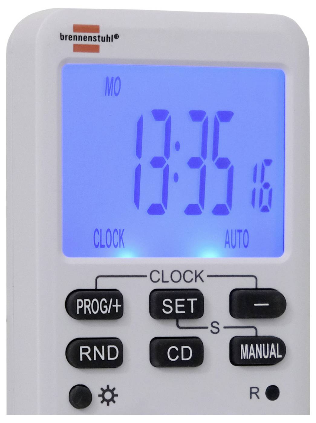 Digitale Wanduhr zeigt 13:35 am Montag an, mit ausgewähltem UHREN-Modus und Tasten für Programmierung, Einstellung, Countdown, Zufallsfunktion und manuelle Steuerung.