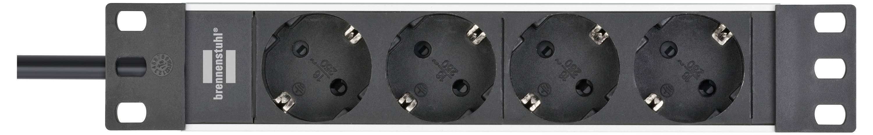 Schwarze 4-Auslass-Steckdosenleiste mit Ein-/Ausschalter, montiert in einem Rack-ähnlichen Metallrahmen mit Kabel, das von der linken Seite herausragt.