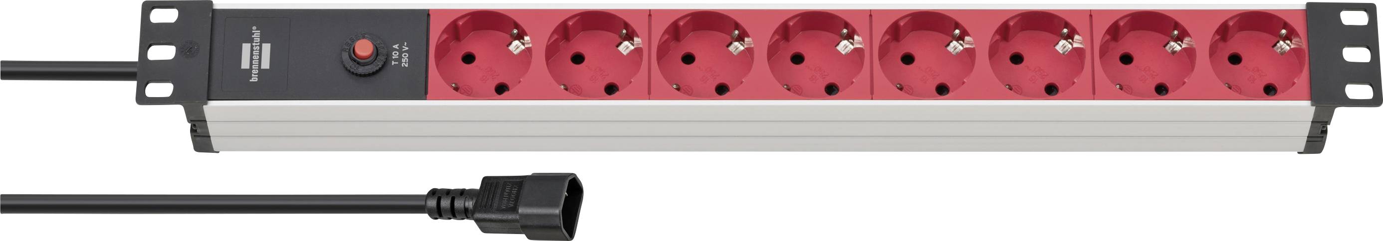 Rote Steckerleiste mit acht Steckdosen und schwarzem Schalter, abgebildet mit angeschlossenem Stromkabel.