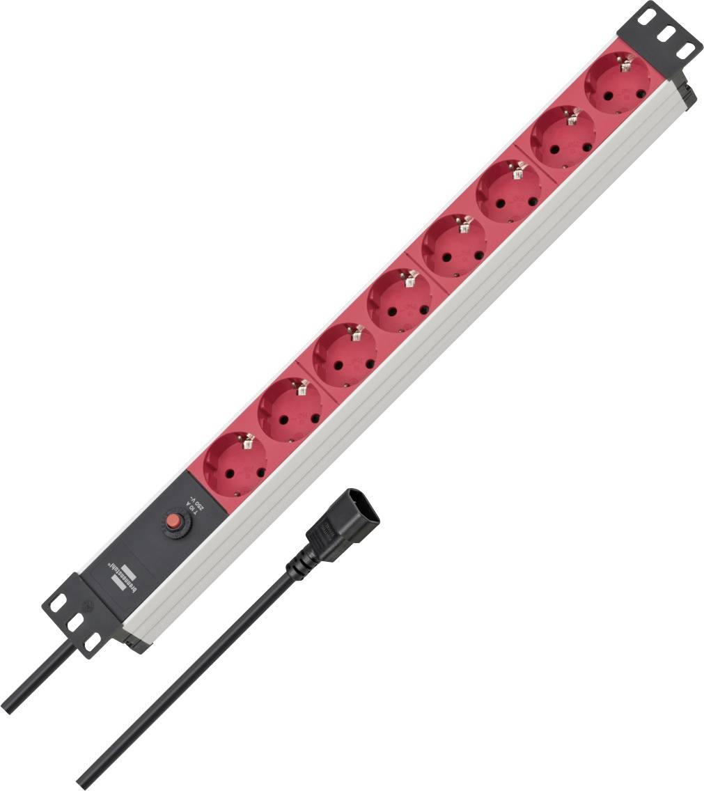 Schwarz-rote Steckerleiste mit acht Steckdosen und Kabel, diagonal auf weißem Hintergrund dargestellt.