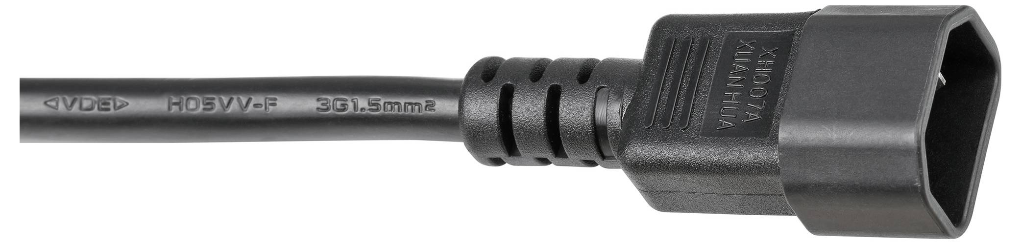 Nahaufnahme eines schwarzen Stromkabelsteckers mit einem dicken Kabel, dargestellt auf weißem Hintergrund.