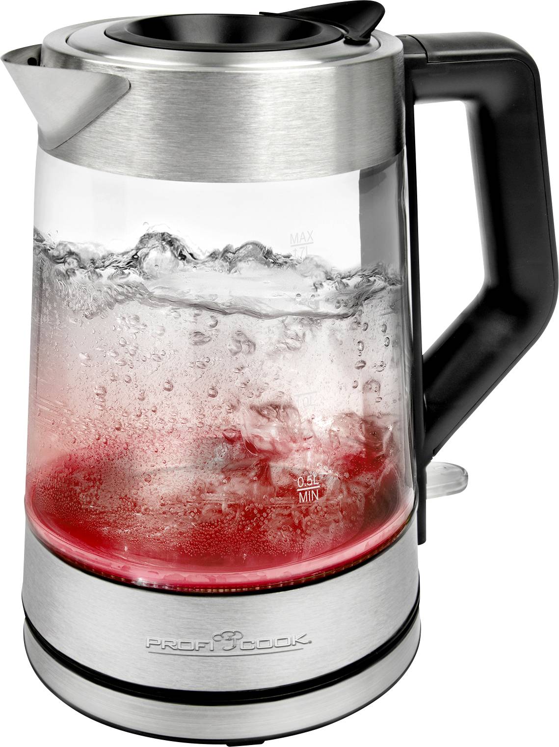 Ein Wasserkocher aus Glas mit Edelstahl-Elementen, roter Beleuchtung und sichtbarem kochendem Wasser.